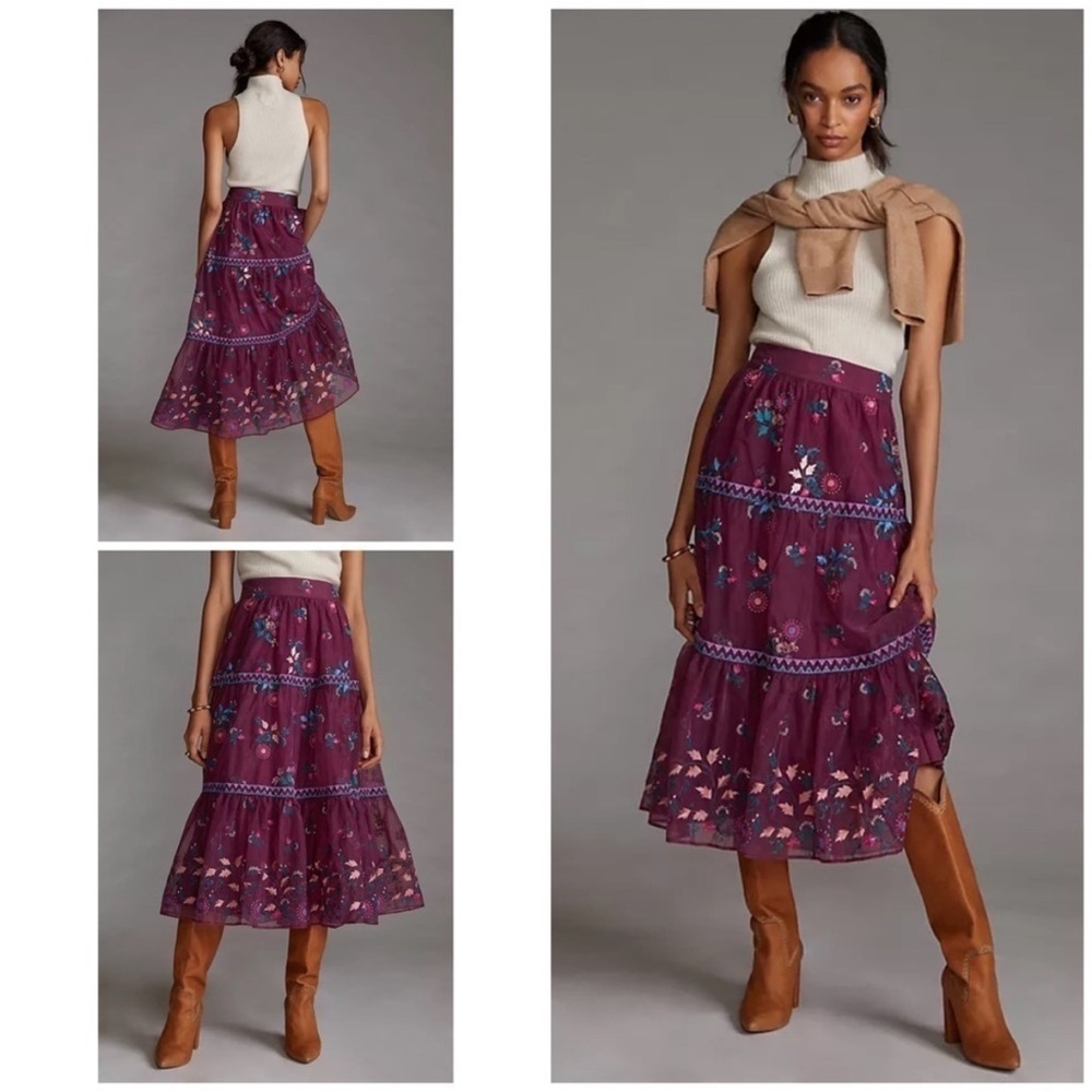 Anthropologie Let Me Be Floral Embroidered Organza Peasant Boho Midi Skirt XS